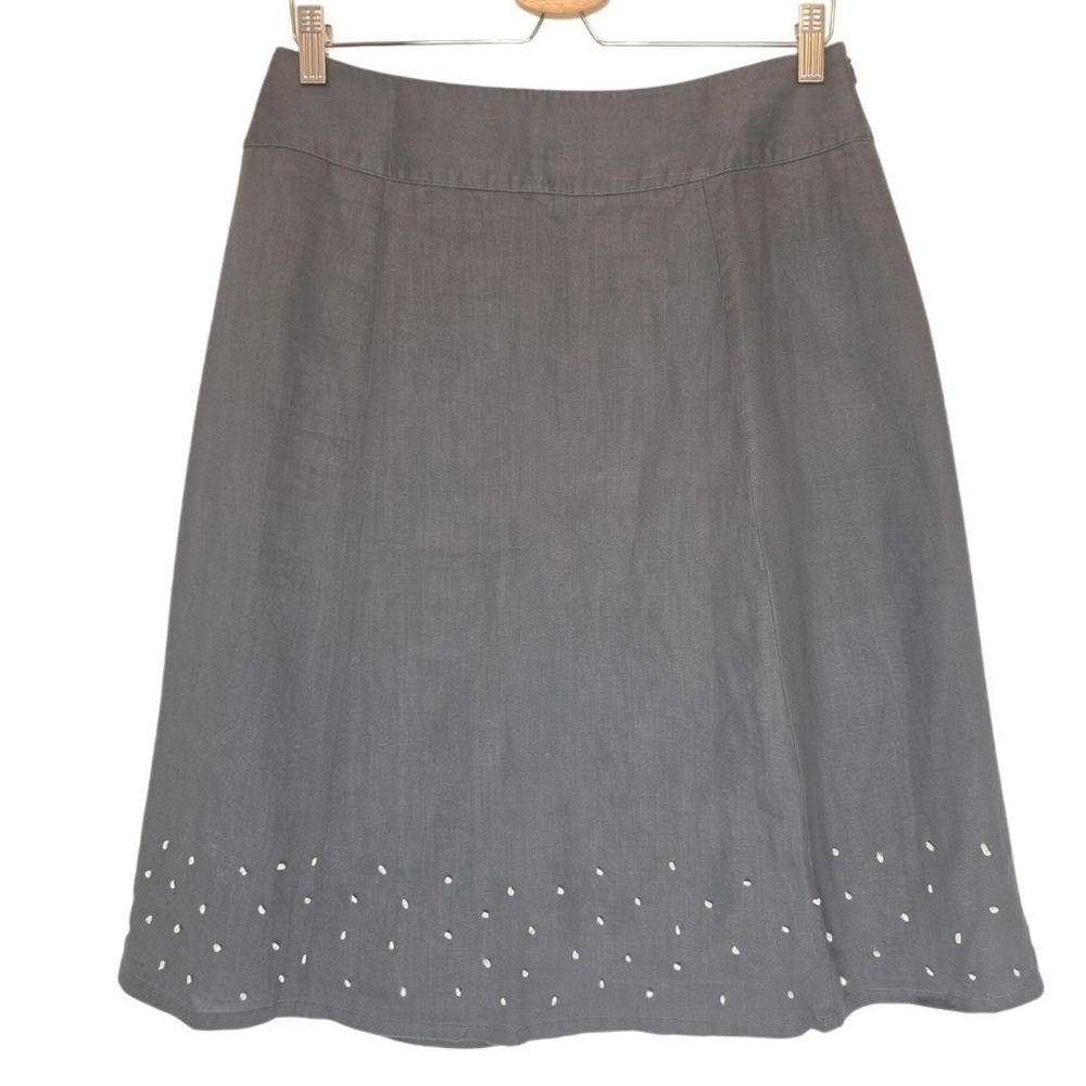 BODEN Linen A Line Skirt Sz 8L Gray Raised Embroidered Swiss Dots Preppy Coastal - Picture 2 of 12